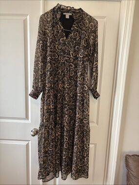 Lucky Brand Paisley Maxi Dress Women’s S Black Long Sleeve Boho Lined Stretch